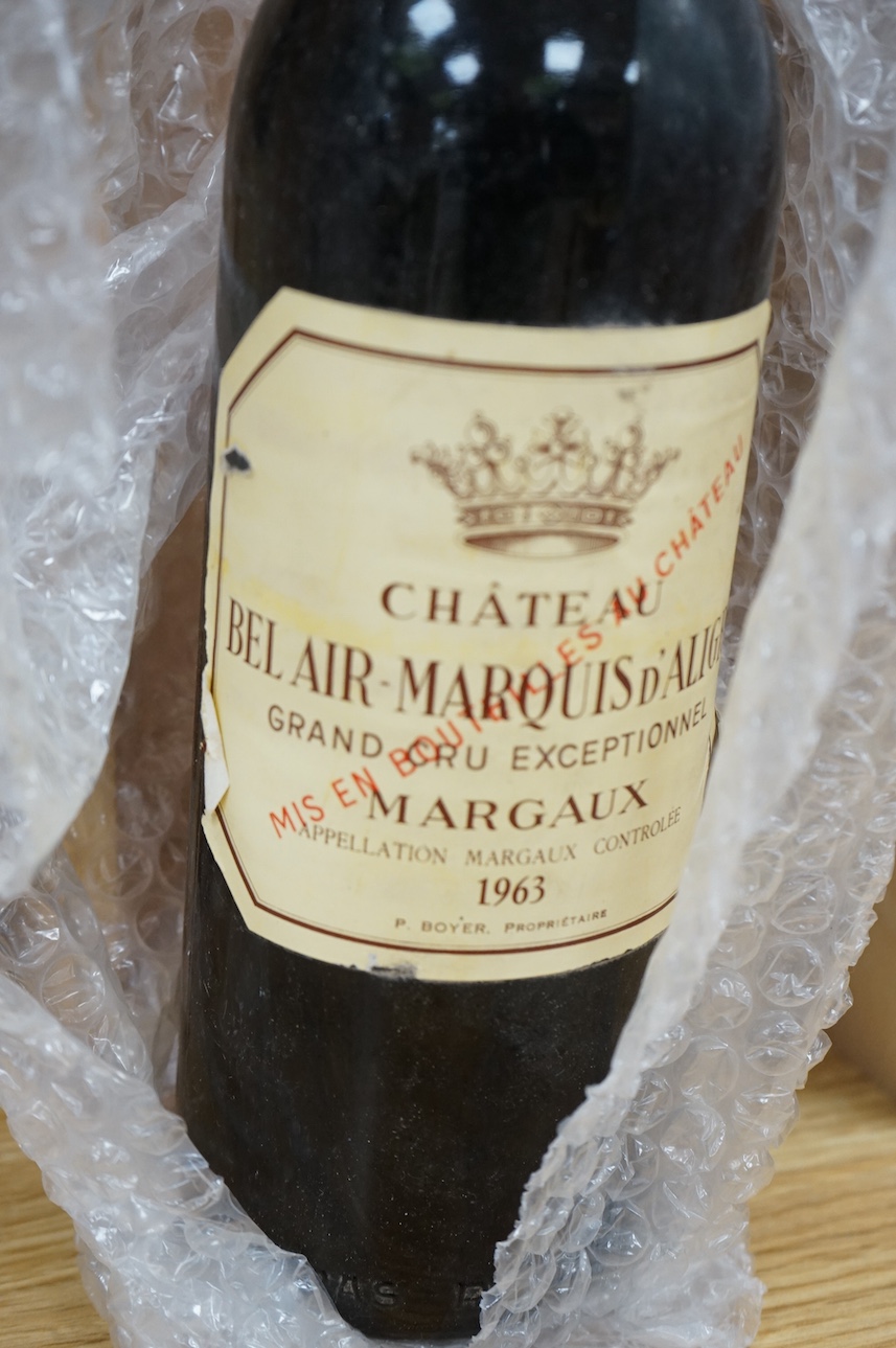 Two cased bottles of Chateau Bel-Air Marquis d'Aigre, 1963. Condition - good